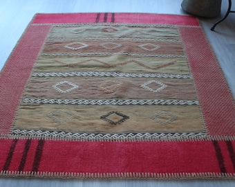 Kilim patchworkowy, czerwony dywanik kilimowy, ręcznie robiony dywanik patchworkowy, etniczny kilim patchworkowy, boho kilim patchworkowy / N-83 / 3'3"x3'5" ft