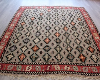 Dywan Kilim Vintage, Duży Szary Dywan Kilim, Etniczny Kwadratowy Dywan Kilim, Dywan Boho Szary / N-1163