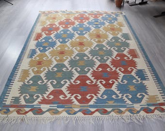 Bohemian Rug, Anatolian Handwoven  Wool Kilim Rug, 5'4''x7'7'' / N-2100