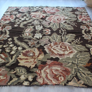 Vintage floral kilim rug, aRose Design Kilim, Large Kilim Rug, ethnic kilim,bohemian kilim rug / N-623 / 6&#39;2&quot;x7&#39;7&quot; ft