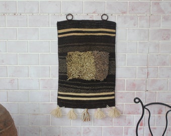 Bohemian Natural Wool Tapestry, Ethnic Patchwork Tapestry , Handwoven Wool Wall Rug  / WH-276 / 18X31