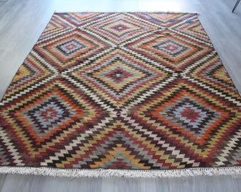 Bohemian Kilim Rug , Diamond Design Rug, Colored Boho Rug / N-1983 / 6'6''x8'5''