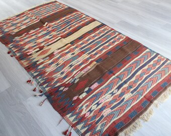 Vintage Kilim Rug, Ethnic Kilim, Striped Kilim Rug, Decorative Kilim , Bohemian Area Kilim, Turkish Coloured Kilim / N-296 / 4'2"x8'4" feet