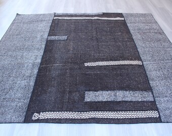 Vintage Gray Kilim Rug, Ethnic Black  Kilim, Large Gray Kilim Rug, Bohemian Kilim Rug, Gray Flat Wool Rug / N-1047 / 7'x8'