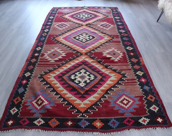 Vintage Armeense Kilim, 5'X10' Kilim Runner Rug, Etnische Kilim, Anatolische Kilim Rug, Azteekse Design Kilim Rug, Diamond Design Rug / N-1293 /