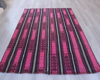 Vintage Pink Kilim Rug, Ethnic Kilim Rug, Handwoven Rug, Bohemian Pink-Brown Kilim, Ethnic Anatolian Kilim / N-1128 / 4'6"x7'