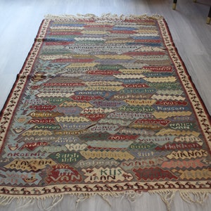 Special Kilim Rug, Kilim with City Names Of Turkey , Vintage Anatolian Kilim, Ethnic Area Kilim, Boho Kilim /