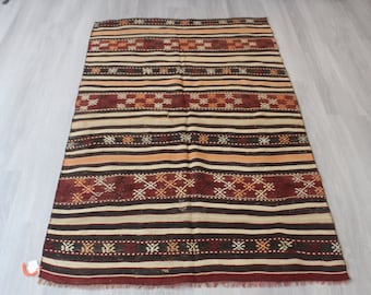Vintage Kilim Rug, Ethnic Kilim Rug, Brown Striped Kilim, Small Ethnic Kilim, Bohemian Kilim / 3'5"x5'7" feet / N-439