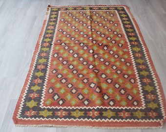 Vintage Kilim Rug, Ethnic Red Kilim, Bohemian Kilim, Decorative Kilim , Kelim Teppich / N-649 / 3'9"x6'7" feet