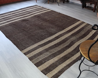 Alfombra plana de rayas marrones, alfombra grande de rayas, alfombra bohemia marrón / N-2034