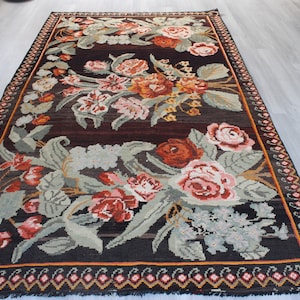 5&#39;4&quot;x9&#39;6&quot; ft , Vintage Floral Rug, Karabagh Kilim Rug , Special Floral Kilim Rug, Ethnic Floral Kilim, Flat woven Rug / N-832