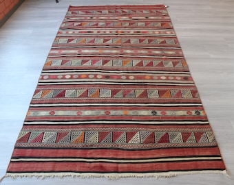 Antique Kilim Rug, Bohemian Flat Rug, Ethnic Anatolian Kilim Rug / N-1390 / 4'4"x8'3"