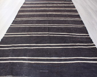 Black Striped Kilim Rug , Ethnic Striped Kilim, Vintage Black Kilim, Large Kilim Rug, Bohemian Area Kilim / 5'7"x9'8" feet