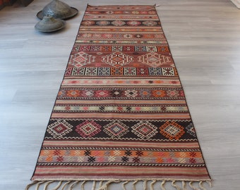 Vintage Kilim Runner, Etnische Kilim Runner, Gestreepte Kelim Runner, Etnische Wol Runner Tapijt / N-936 / 3'x8'3" voeten