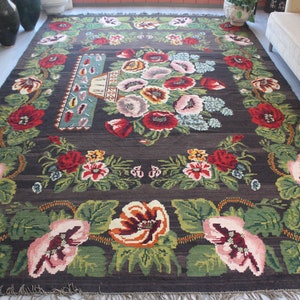 Vintage Karabagh Kilim , Large Floral Rug, Black Floral Rug, Vintage Kilim Rug Rose Design Kilim Rug / 8&#39;3&quot;x12&#39;7&quot; feet / N-330