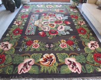 Vintage Karabagh Kilim , Large Floral Rug, Black Floral Rug, Vintage Kilim Rug Rose Design Kilim Rug / 8'3"x12'7" feet / N-330