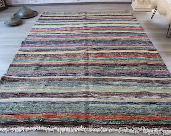 Vintage Rag Rug, Ethno Rag Rug, Gestreifter Rag Rug , Boho Rag Rug / N-985 / 6'4"x9'1" feet