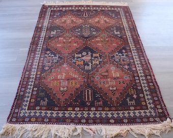 Vintage Soumak Kilim , Ethnic Soumak Kilim Rug, Bohemian Soumak Kilim Rug , Handwoven Blue Rug / N-1225 / 4'2"x6'4"