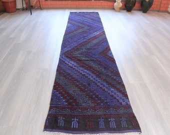 Dark Blue Runner, Ethnic Blue Runner, Bohemian Runner, Vintage Kilim Runner,Blue Kilim Runner / N-11103 / 2'7"x12'7'