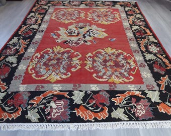Red Floral Rug, 7'5''X10'6'' Vintage Karabagh Kilim Rug, Bohemian Floral Rug / N-2103