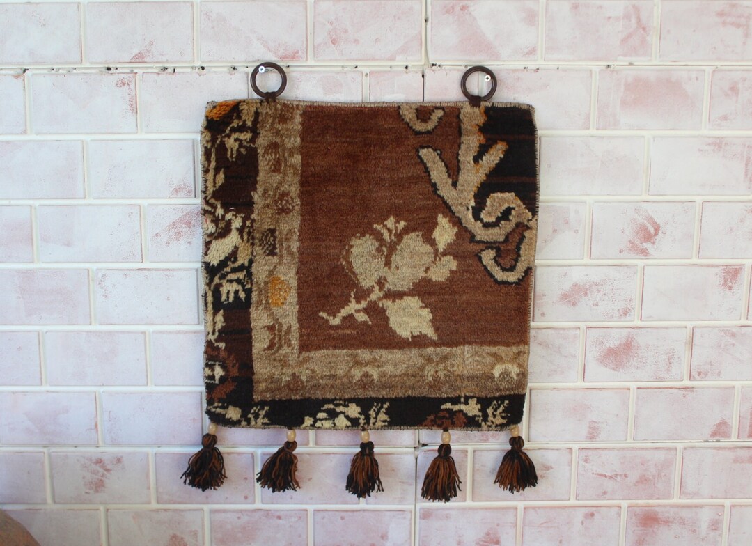 Filded Hanging Rug 20x24 Piled Rug Wall Hanging, Ethnic Rug Wall Hanging, Brown Wool Wall ...
