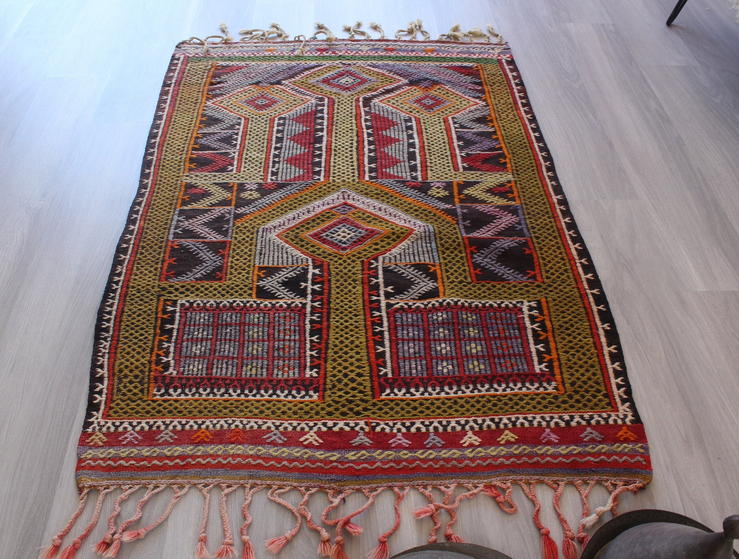 キリム　ジジム 43×90 キリム ジジム織 渋めカラー 菱形デザイン トルコヴィンテージ