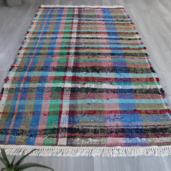 Niebieski dywanik szmaciany, kraciasty dywanik szmaciany, niebieski dywan w stylu boho / 3'9''x7'9''
