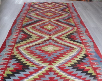 Vintage Kilim Rug , Ethnic Area Kilim, Bohemian Kılım, Vintage Turkish Kilim Rug , Ethnic Coloured Kilim / N- 396 / 5'4"x10'5" feet
