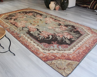 5'3"x10'3" , Vintage Floral Rug, Karabagh Kilim Rug, Ethnic Floral Kilim, Vintage Karabagh kilim , mute coloured kilim / N-839