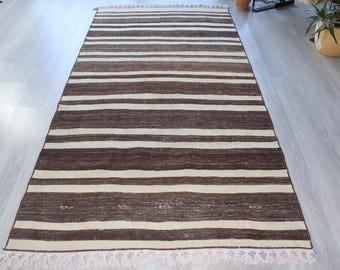 Striped Wool Rug, 4'X7'9'' Brown-Beige Kilim Rug, Handwoven Bohemian Rug / N-2099