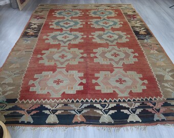 Vintage Flat Rug, Handwoven Bohemian Kilim, Large Pale Kilim Rug ( 6'6''x9'8'' ) N-2152