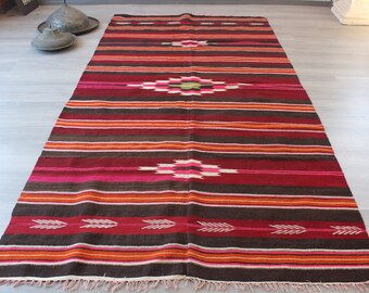 Aztec Design Kilim Rug, Ethnic Kilim Rug, Bohemian Kilim, Striped Pink Kilim, Vintage Kilim Rug / N-938 /
