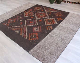 Vintage Brown Kilim Rug , Ethnic Brown Kilim, Large Vintage Kilim, Handwoven Kilim Rug /