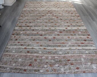 Pale Striped Kilim Rug, Ethnic Pale Rug, Bohemian Striped Rug , Handwoven Anatolian Rug / N-1368 / 5'1"x8'5"