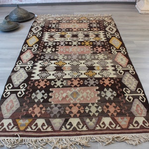 Vintage Kilim Rug , Ethnic Kilim, Anatolian Kilim Rug, Natural Wool Kilim Rug, Bohemian Brown Kilim  / N-962 / 4&#39;3&quot;x7&#39;6&quot;