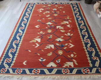 Red-Blue Kilim Rug, Vintage Anatolian Kilim Rug , Ethnic Area Kilim, Vintage Kilim Rug / 6'6"x9'4" feet / N-461