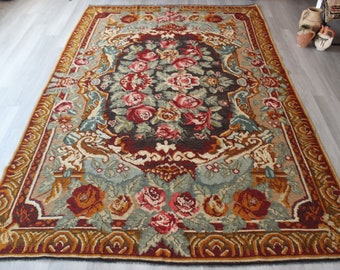 Karabagh Kilim, Ethnic Floral Kilim, Vintage Floral Kilim Rug / 5'7"X8'4" ft  / N-670