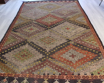 Large Vintage Kilim, Over Sized Kilim Rug, Ethnic Turkish Kilim , Embroidered Kilim Rug, Vintage Kilim Rug / 7'x11'6" feet / N-743