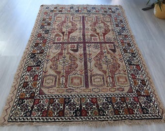 Special Handwoven Rug, Kilim with piled border , Bohemian Wool Kilim , 4'3''x6'5'' / N-2091