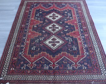 Wool Soumak Kilim, Ethnic Red Kilim Rug, Blue Handwoven Kilim Rug / N-1221