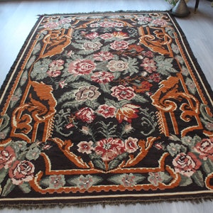 5&#39;6&quot;x8&#39;8&quot; ft Vintage Karabagh Kilim, Ethnic Floral Kilim Rug, Large  Kilim Rug, Bohemian Black Kilim Rug / N-630