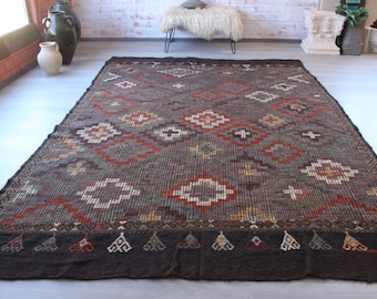 Large Ethnic Rug, Large Boho Rug, Large Kilim Rug, Ethnic Kilim , Vintage Kilim Rug, Handwoven Flat Rug / N-1071 /  7'X10' feet