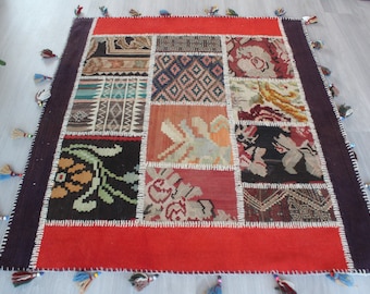 Patchworkowy kilim, etniczny patchworkowy kilim, ręcznie robiony patchworkowy kilim, patchworkowy dywan, Boho patchworkowy kilim/N-84/4'1"x4'8" ft