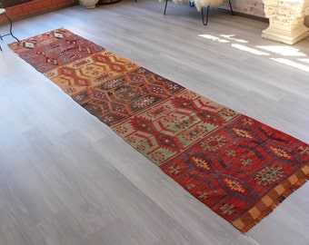 Kilim Runner , Vintage Anatolian Kilim Runner, Ethnic Kilim Runner, Bohemian Kilim Runner / 2'7"x12'7" feet / N-753