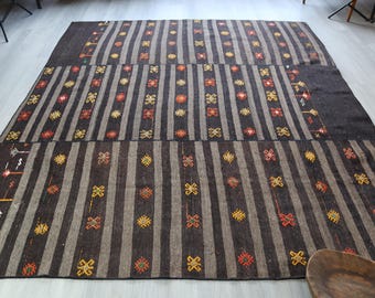 Ethnic Brown Rug, Bohemian Kilim Rug, Striped Wool  Rug / 6'8''x8'3''