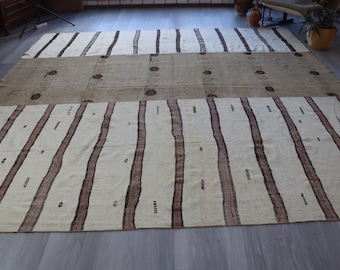 Beige Hemp Rug, Handwoven Hemp Rug ,10'X10'2'' Striped Beige Wool Rug / N-2095
