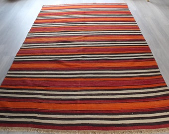 Coloured Retro Kilim, Striped  Outdoor Kilim Rug, Ethnic Kilim Rug, Bohemian Kilim Rug, Vintage Area Kilim / N-284 / 5'3"x8'5" feet