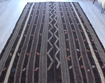 Black Striped Kilim , Ethnic Striped Kilim, Vintage Striped Kilim, Bohemian Black Kilim Rug , Ethnic Black Kilim / N-1049 / 6'4"x10'5"