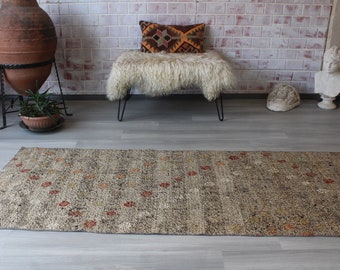 Beige-Grey  Kilim Runner, Handwoven Wool Runner Rug / N-1374 / 3'X10'4"