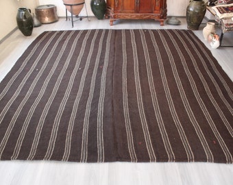 10x11 feet Natural Wool Black Kilim Rug, Ethnic Striped Kilim Rug, Bohemian Kilim, Vintage Goat Wool Kilim Rug  / 10'4"x11'2" feet / N-433